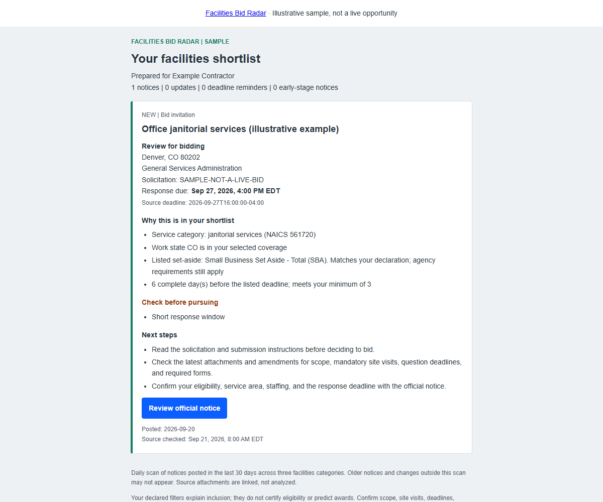 Illustrative Facilities Bid Radar email with match reasons, source deadline, review flags, and next steps